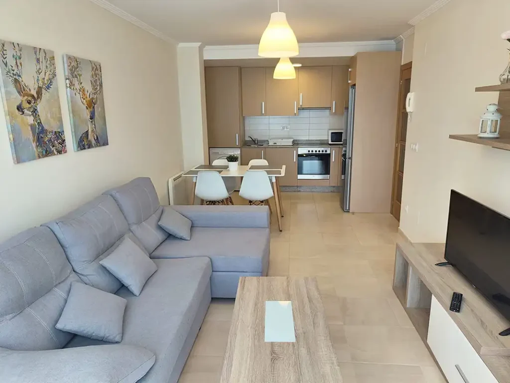Salón-cocina del apartamento San Miguel de Apartagal con sofá gris, mesa, TV y muebles de cocina en línea