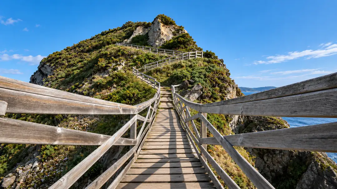 Pasarela de madera del Fuciño do Porco subiendo hacia la cima rocosa de la punta