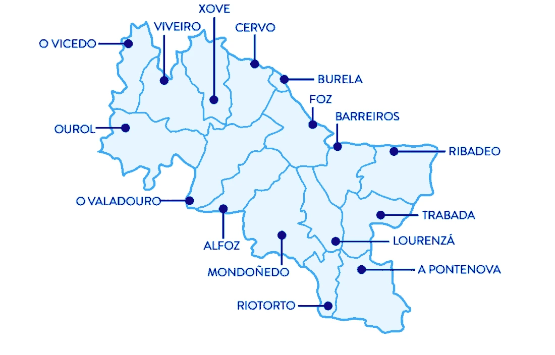 Mapa de los 16 concellos de A Mariña Lucense en la costa de Lugo