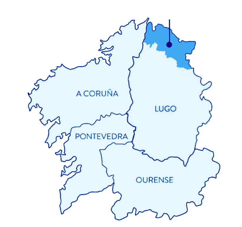 Mapa de Galicia con la ubicación de A Mariña Lucense, al norte de la provincia de Lugo